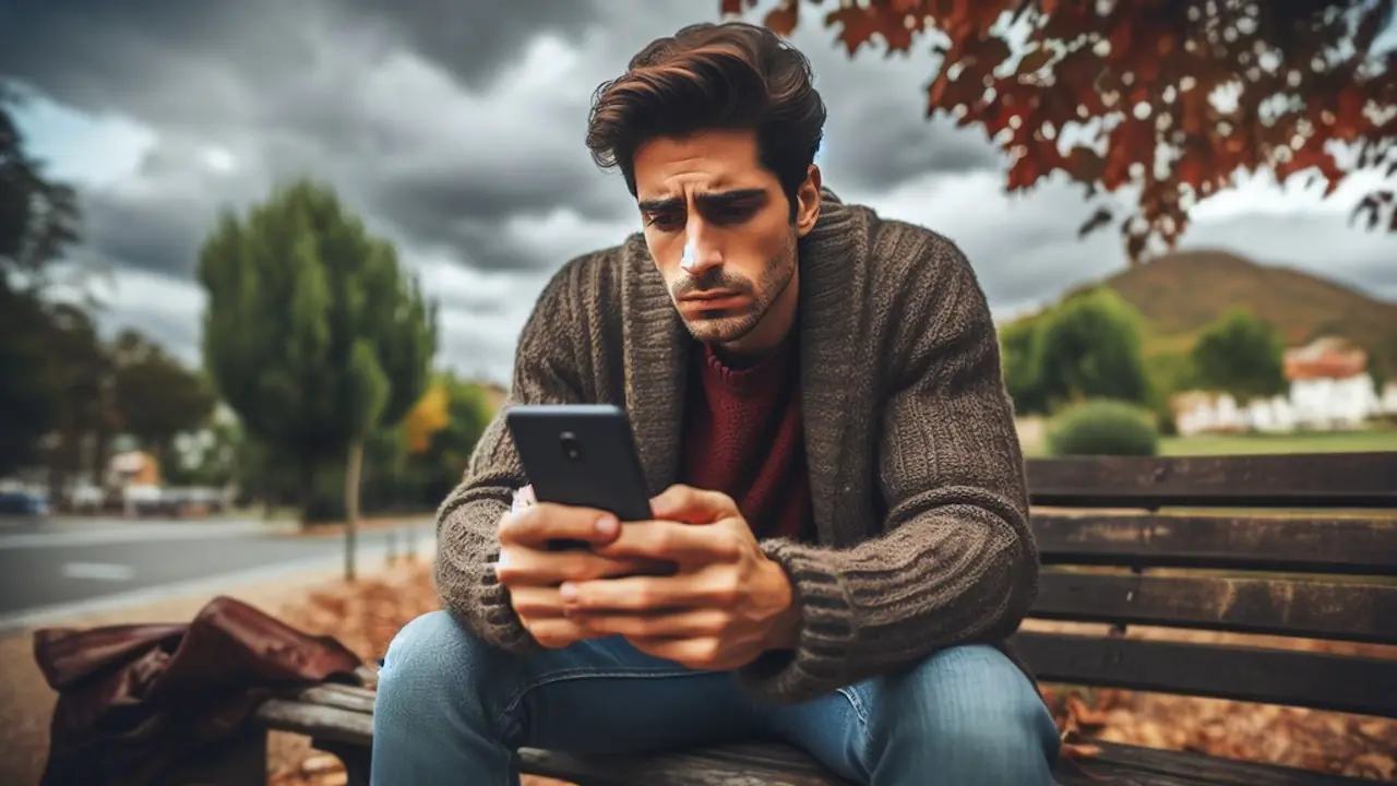 guy looking sadly at his phone