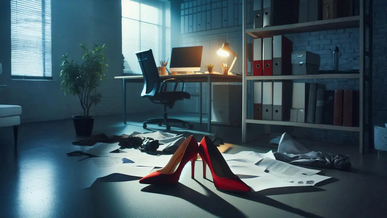 red high heels in the office with dim lighting